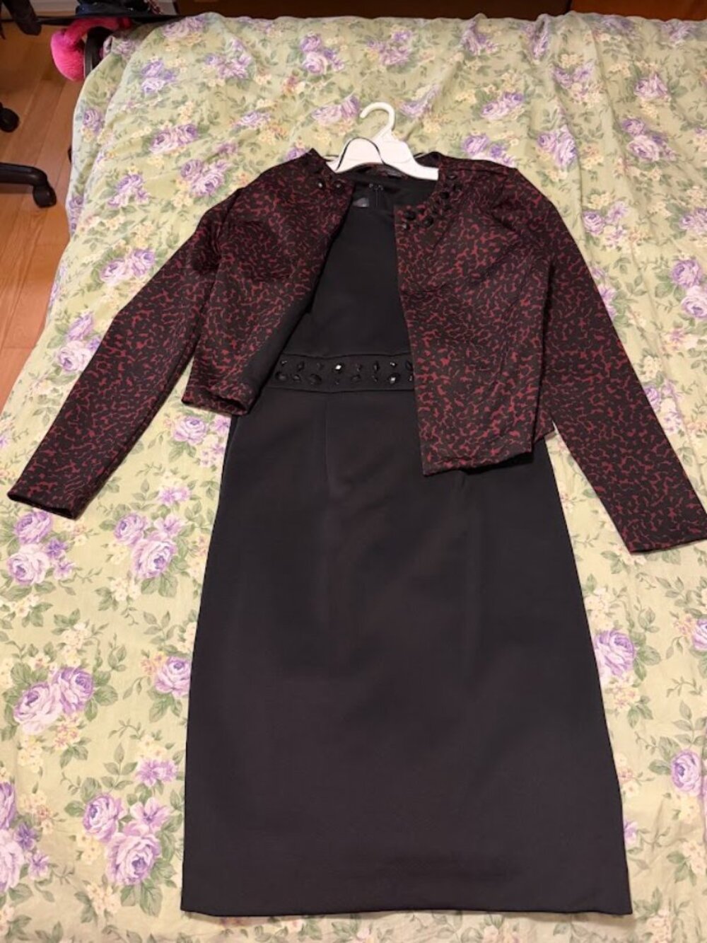 Covington Medium Black Gemstone Dress with Embellished Red-Black Jacket Set NWOT